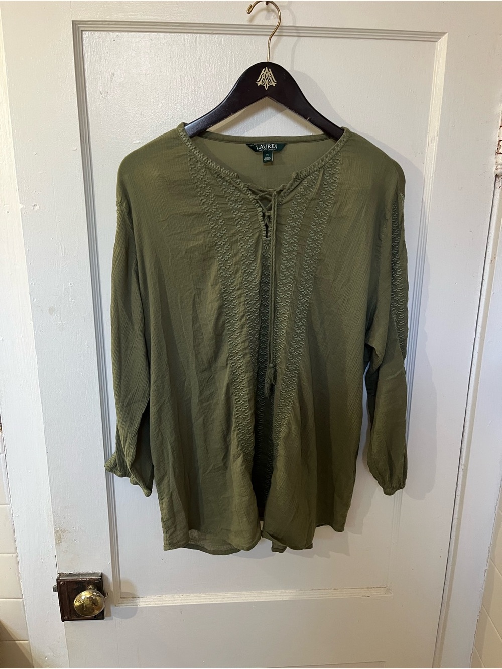 Lauren Ralph Lauren Olive Green Embroidered Tunic Peasant Blouse Top XL EUC